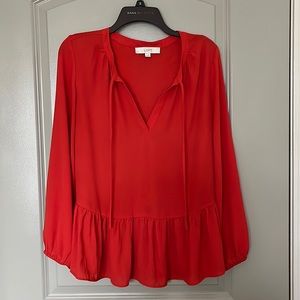 Loft long sleeve blouse. Tie neck. Peblem bottom. Red Orange
